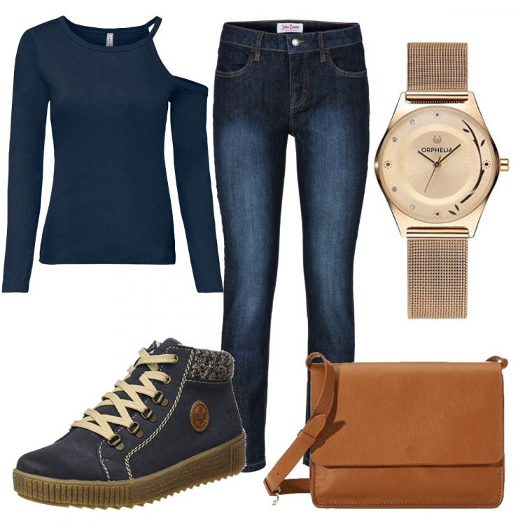 Outfit donna - Total look casual. Stile Casual per Tutti i giorni. Abbinamento con jeans slim fit, maglieria, stivali sopra il ginocchio, clutch, orologi analogici.