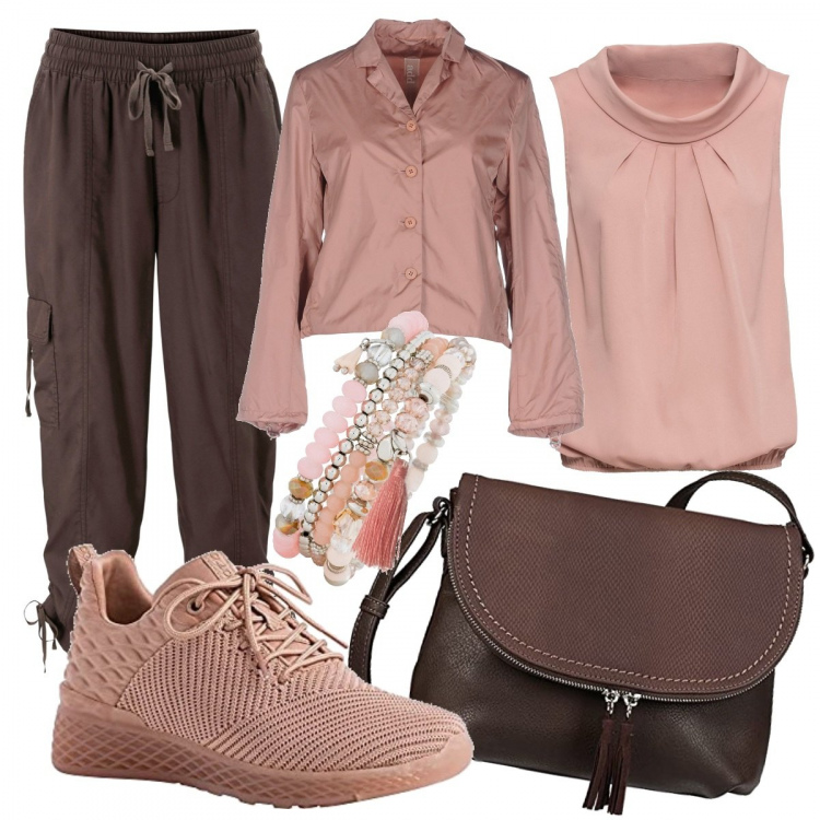 Outfit donna - Rosa e marrone. Stile Trendy per Tutti i giorni. Abbinamento con giacche, top, pantaloni capri, braccialetti, borse a tracolla, sneakers.