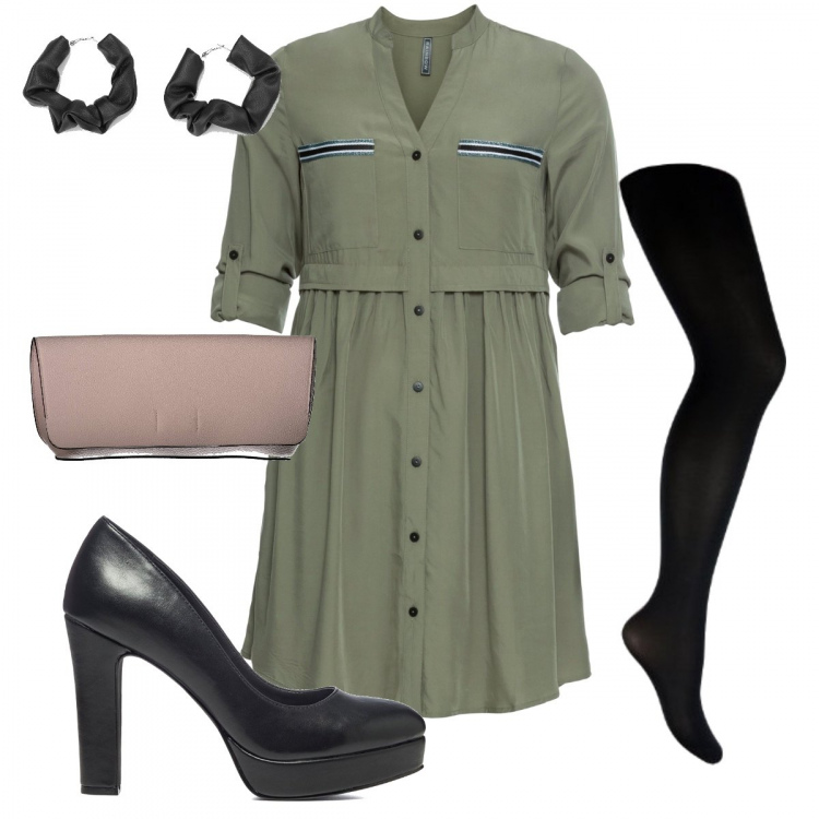 Outfit donna - Total look #1155108. Stile Trendy per Serata fuori. Abbinamento con vestiti chemisier, orecchini, décolleté, collant, pochette.