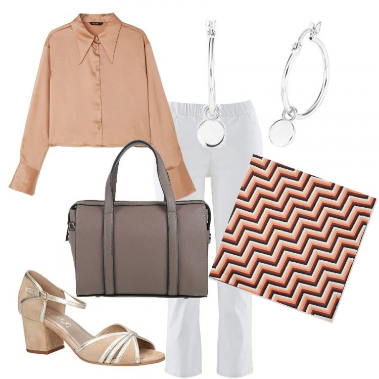 Outfit donna - Professoressa su i toni caldi. Stile Preppy per Scuola/Università. Abbinamento con pantaloni, borse a mano, foulard, camicie, orecchini, sandali col tacco.
