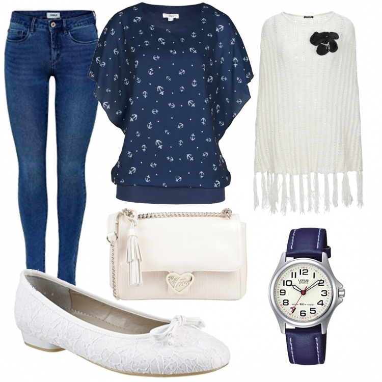 Outfit donna - In jeans e poncho. Stile Casual chic per Tutti i giorni. Abbinamento con bluse, cappe, borse a tracolla, jeans skinny, ballerine, orologi analogici.