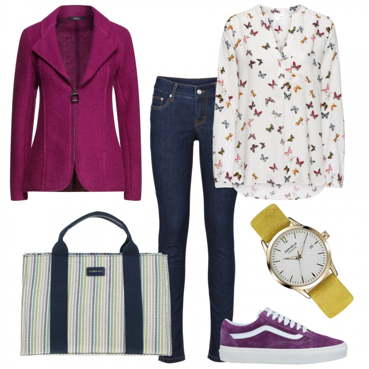 Outfit donna - Total look #1155625. Stile Urban per Ufficio. Abbinamento con bluse, jeans skinny, blazer, sneakers, borse a mano, orologi.