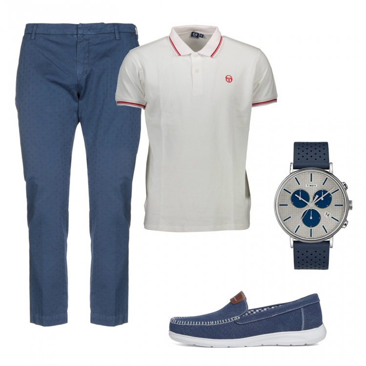 Outfit uomo - Ancora voglia di mare (vegan look). Stile Casual per Tutti i giorni. Abbinamento con scarpe stringate, pantaloni, polo, orologi.