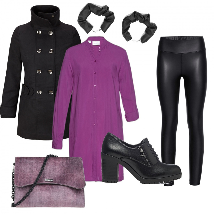 Outfit donna - Curvy per rientro in ufficio. Stile Rock per Ufficio. look ideale per Petite. Abbinamento con leggings, camicie, blazer, borse a tracolla, orecchini, scarpe stringate.