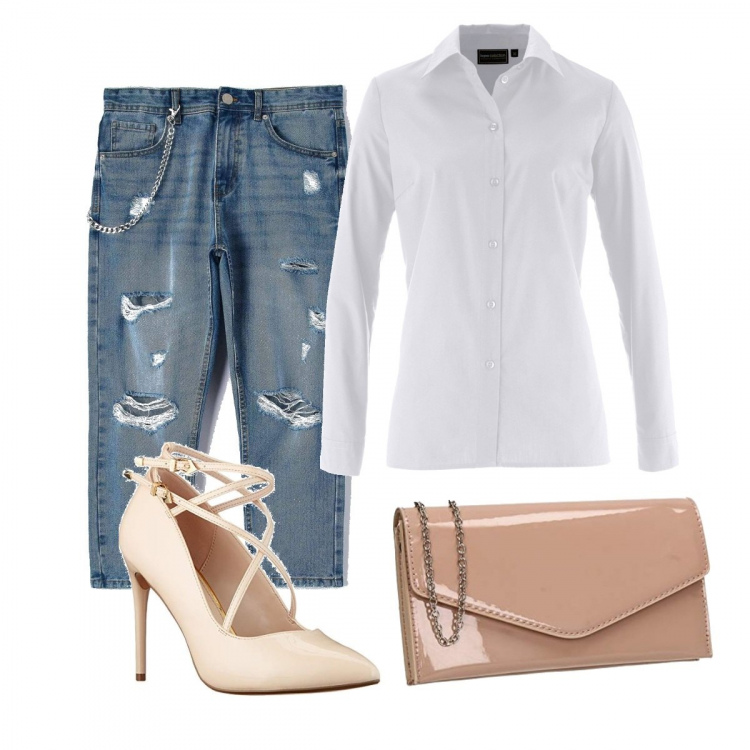 Outfit donna - Serata easy. Stile Casual chic per Serata fuori. Abbinamento con camicie, jeans dritti, décolleté, pochette.