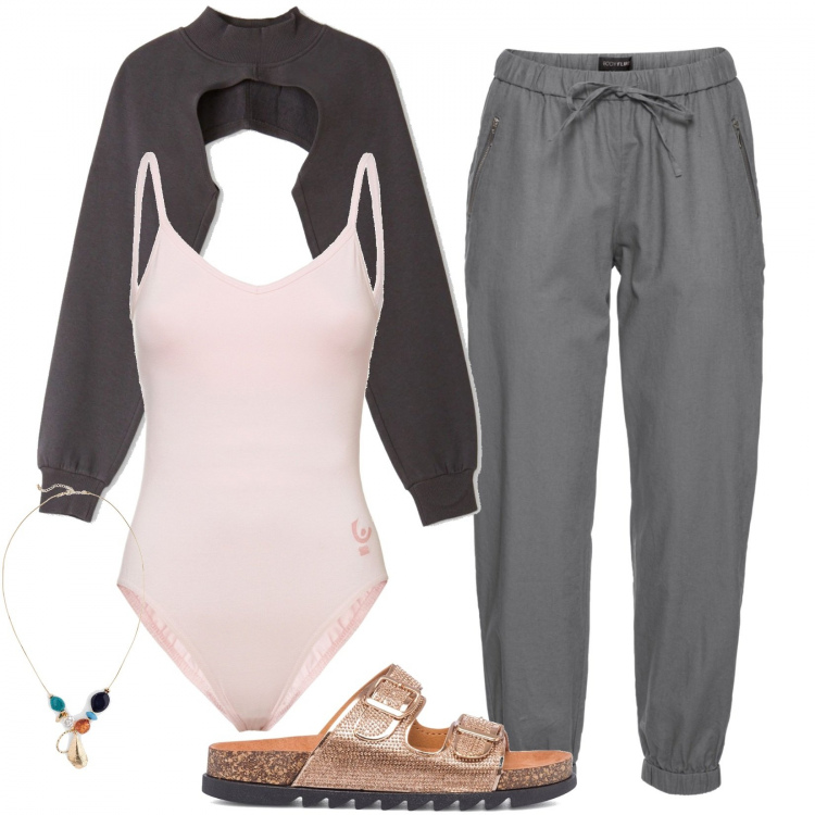Outfit donna - Abbigliamento per casa. Stile Basic per Tutti i giorni. Abbinamento con pantaloni, collane, felpe, body, ciabatte.