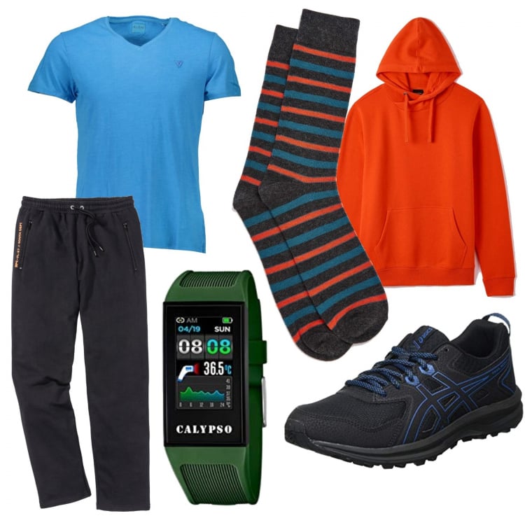 Outfit uomo - Calzino a righe. Stile Urban per Sport. Abbinamento con pantaloni, calzini, felpe con cappuccio, t-shirt, orologi, scarpe sportive.