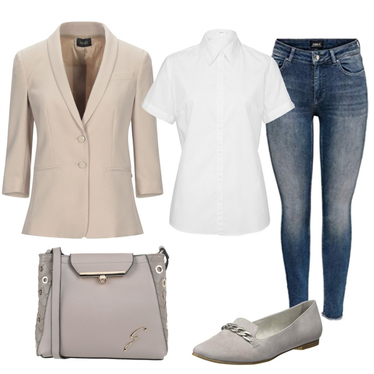 Outfit donna - Blazer Liujo in super saldo. Stile Casual chic per Ufficio. Abbinamento con camicie a manica corta, blazer, borse a tracolla, pantaloni, mocassini.