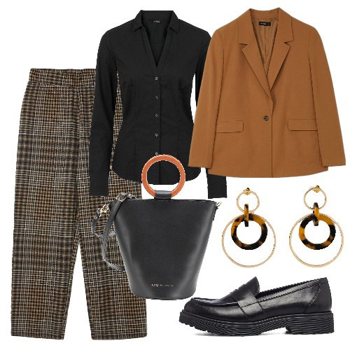 Outfit donna - Mannish Chic. Stile Mannish per Tutti i giorni. Abbinamento con camicie, orecchini, borse a mano, pantaloni, giacche, mocassini.
