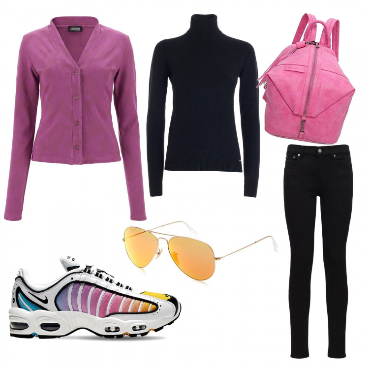Outfit donna - Sportiva inizio autunno. Stile Urban per Tutti i giorni. Abbinamento con maglieria, cardigans, sneakers, jeans skinny, zaini, occhiali da sole.