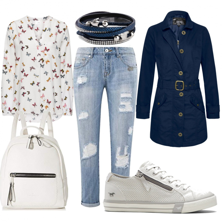 Outfit donna - Il trench al università. Stile Urban per Scuola/Università. Abbinamento con bluse, trench, sneakers, braccialetti, jeans boyfriend, zaini.