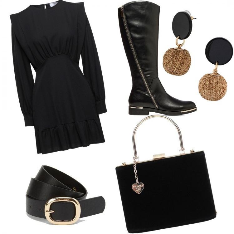 Outfit donna - Aperitivo sotto la pioggia. Stile Casual chic per Serata fuori. Abbinamento con orecchini, vestiti corti, borse a mano, cinture, stivali.
