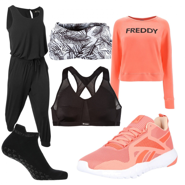 Outfit donna - Jumpsuit yoga. Stile Sporty chic per Sport. Abbinamento con tute, calzini, reggiseni, felpe, fasce per capelli, scarpe sportive.
