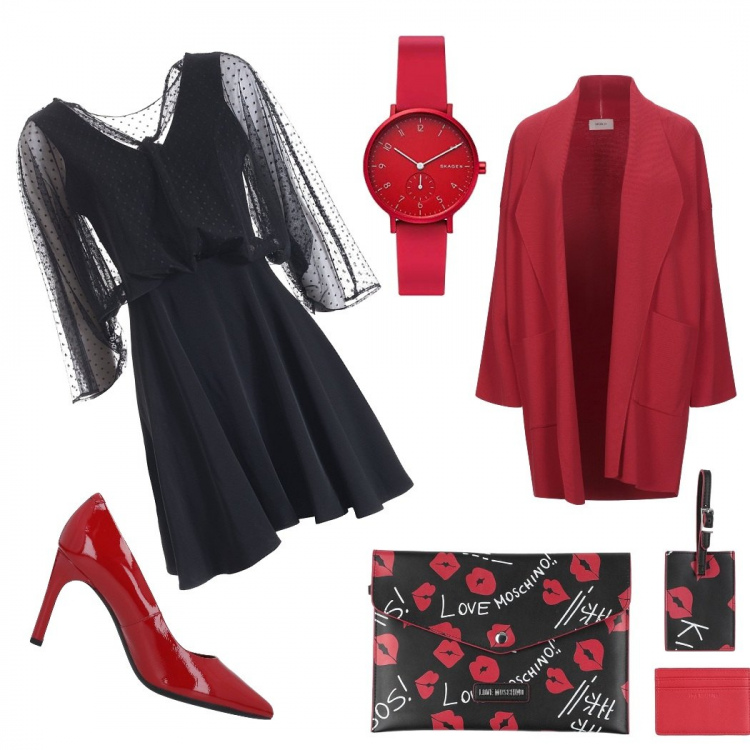 Outfit donna - Cenetta romantica. Stile Chic per Serata fuori. Abbinamento con décolleté, pochette, cardigans, vestiti corti, orologi analogici.