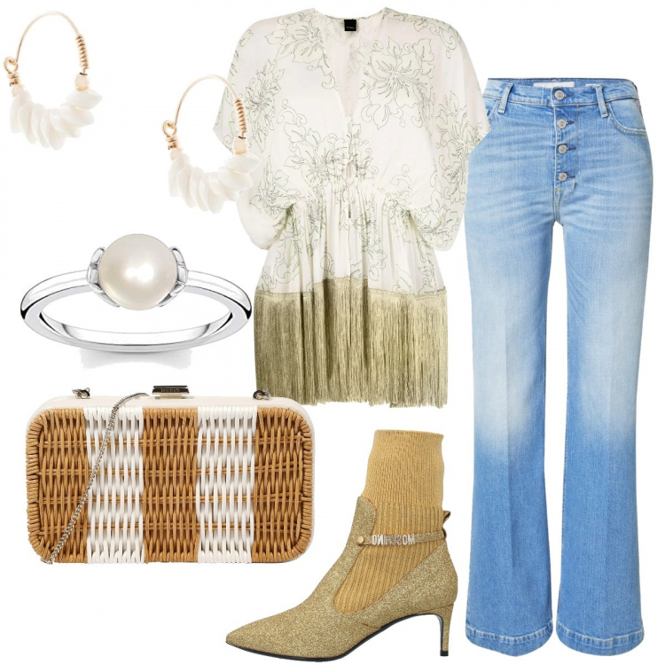 Outfit donna - Trendy anni 70. Stile 70s per Serata fuori. Abbinamento con stivaletti, bluse, orecchini, jeans, anelli, pochette.