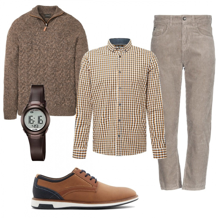 Outfit uomo - Camicia a quadretti. Stile Casual per Tutti i giorni. Abbinamento con maglieria, pantaloni, scarpe stringate, orologi digitali, camicie.