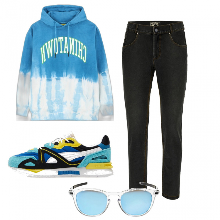 Outfit uomo - Autunno in turchese. Stile Trendy per Tutti i giorni. Abbinamento con pantaloni, felpe con cappuccio, occhiali da sole, sneakers.