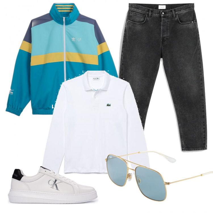 Outfit uomo - Sporty trendy. Stile Trendy per Tutti i giorni. Abbinamento con sneakers, jeans strappati, occhiali da sole, giacche, polo.