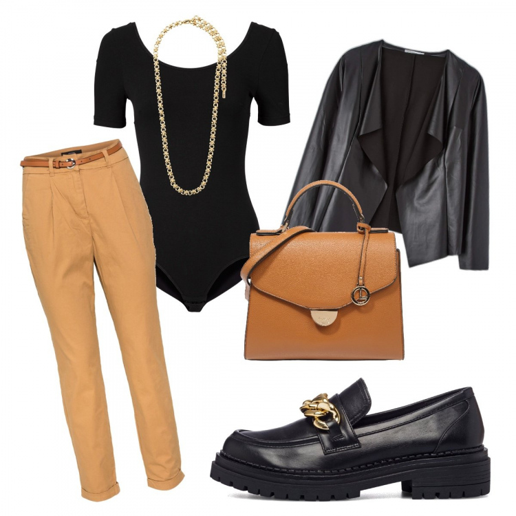 Outfit donna - Total look #1157234. Stile Trendy per Tutti i giorni. Abbinamento con body, giacche, mocassini, pantaloni chino, borse a mano, collane.