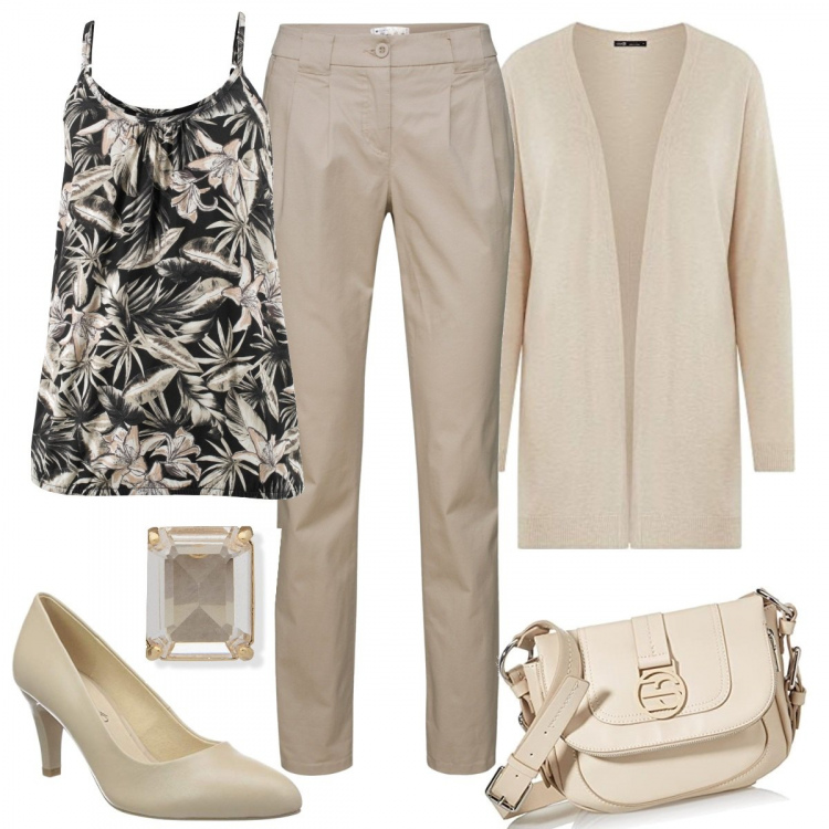 Outfit donna - L\'eleganza del beige. Stile Basic per Tutti i giorni. Abbinamento con pantaloni chino, top, cardigans, scarpe col tacco, borse a tracolla, orecchini.