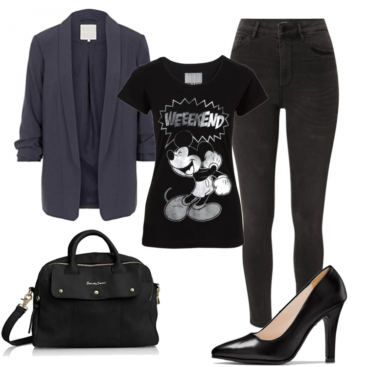 Outfit donna - Venerdì casual (vegan look). Stile Casual chic per Ufficio. Abbinamento con t-shirt, décolleté, blazer, borse tote, jeans.