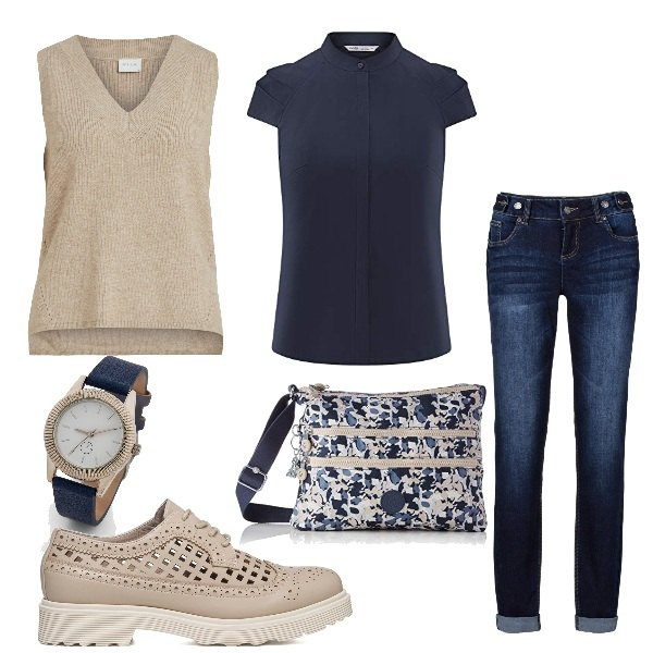 Outfit donna - Look pratico. Stile Basic per Tutti i giorni. Abbinamento con jeans boyfriend, orologi, scarpe stringate, camicie a manica corta, borse a tracolla, pullovers.
