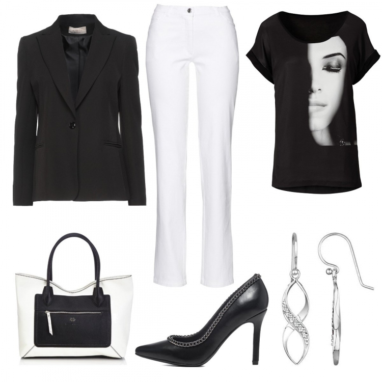 Outfit donna - Total look black and white. Stile Casual chic per Serata fuori. Abbinamento con pantaloni, maglieria, blazer, décolleté, orecchini, shopping bag.