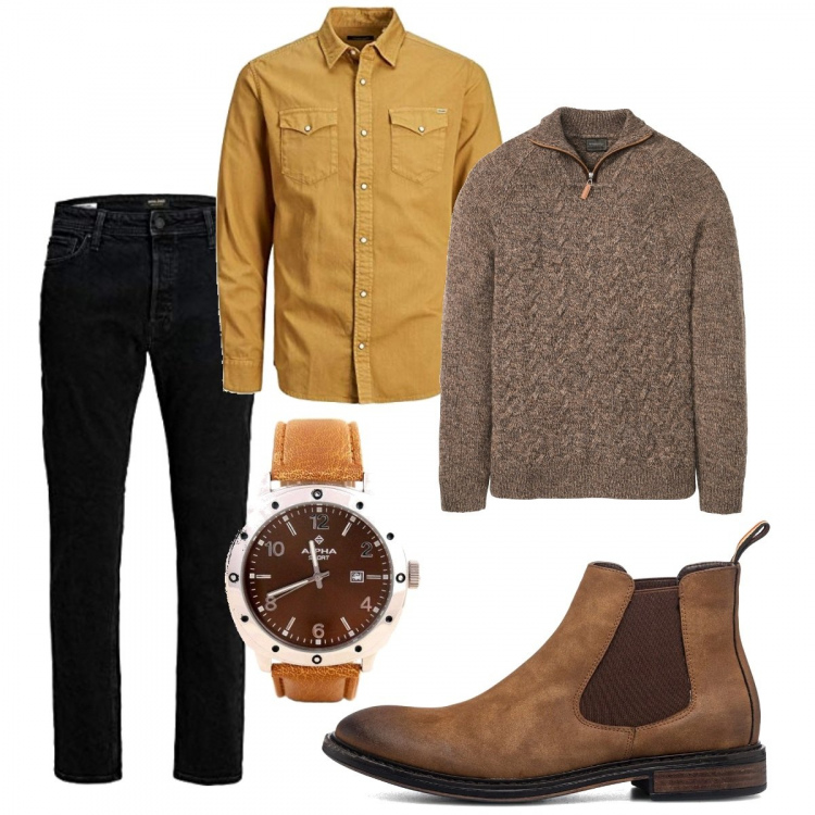 Outfit uomo - Casual #23658. Stile Casual per Tutti i giorni. Abbinamento con maglieria, stivali e stivaletti, camicie, orologi, jeans.