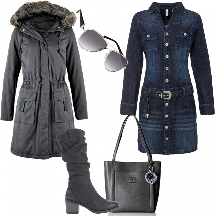 Outfit donna - Abito in jeans plus size. Stile Casual per Tutti i giorni. Abbinamento con vestiti, parka, stivali, borse a secchiello, occhiali da sole.