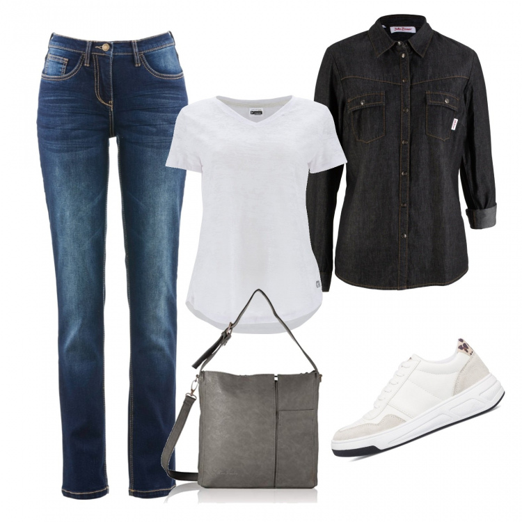 Outfit donna - Joey Tribbiani (vegan look). Stile Casual per Tutti i giorni. Abbinamento con jeans dritti, camicie, t-shirt, sneakers, borse a tracolla.