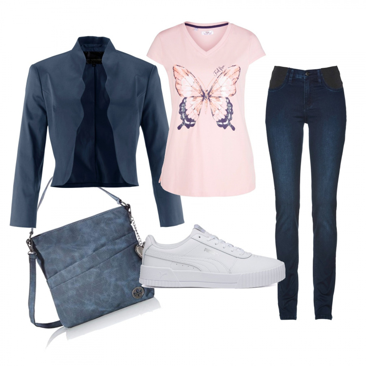 Outfit donna - Outfit #56. Stile Casual Abbinamento con jeans skinny, blazer, maglieria, sneakers, borse a mano.
