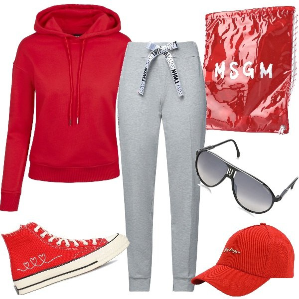 Outfit donna - Domenica - Gita fuori porta. Stile Sporty chic per Tutti i giorni. Abbinamento con zaini, pantaloni, felpe, sneakers, cappelli con visiera, occhiali da sole.