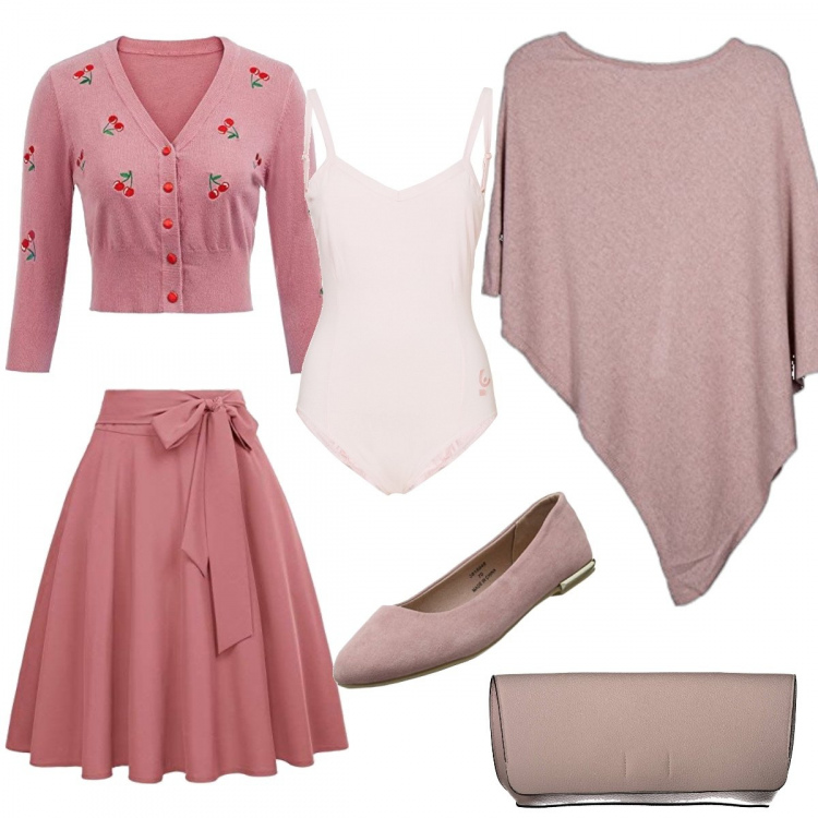 Outfit donna - Dolce romantica. Stile Romantica per Tutti i giorni. Abbinamento con body, cappotti, gonne longuette, bolero, ballerine, pochette.