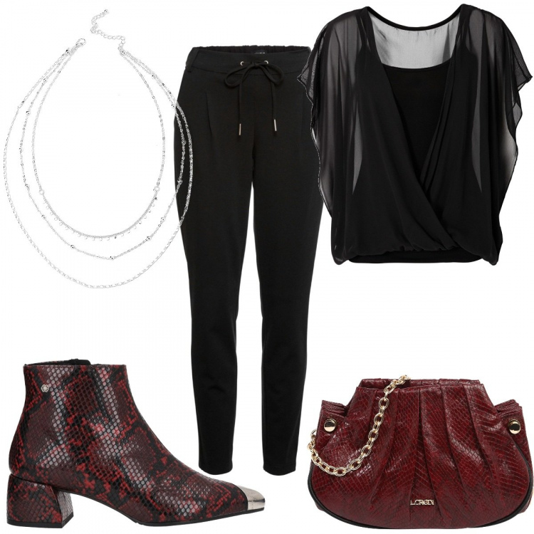 Outfit donna - Stivaletti glamour. Stile Glamour per Tutti i giorni. Abbinamento con pantaloni, bluse, stivaletti, collane, borse a tracolla.