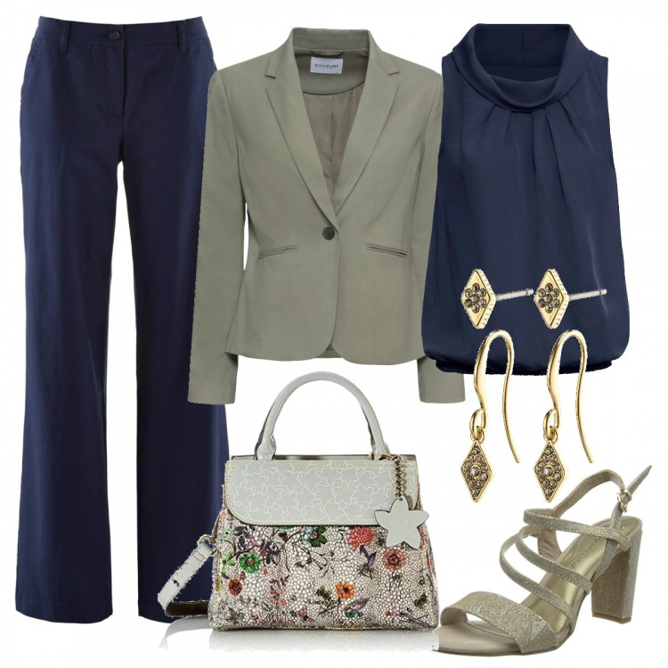 Outfit donna - La giacca verde salvia. Stile Bon Ton per Ufficio. Abbinamento con pantaloni, top, blazer, borse a mano, sandali col tacco, orecchini.