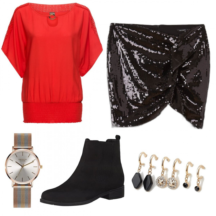 Outfit donna - Glamour #3793. Stile Glamour per Serata fuori. Abbinamento con bluse, gonne, orecchini, stivaletti chelsea, orologi analogici.