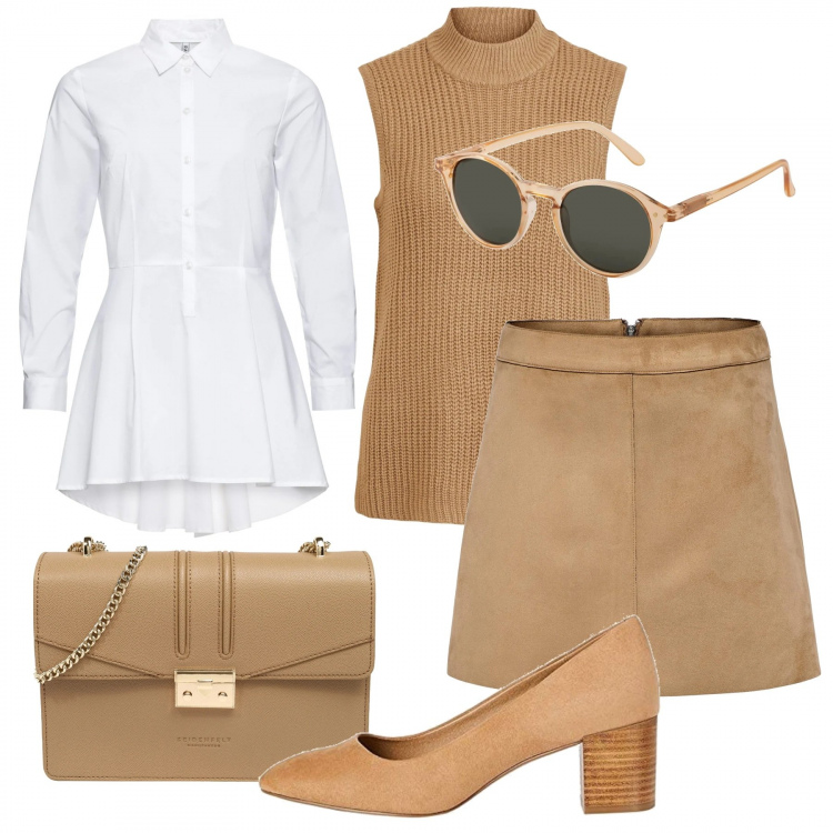 Outfit donna - Il pullover smanicato. Stile Bon Ton per Tutti i giorni. Abbinamento con camicie, gonne, pullovers, scarpe col tacco, occhiali da sole, borse a tracolla.