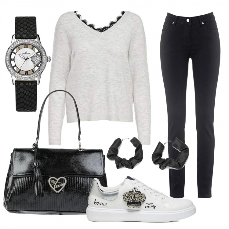 Outfit donna - Il pullover con il pizzo. Stile Romantica per Tutti i giorni. Abbinamento con jeans slim fit, borse a mano, orecchini, sneakers, maglieria, orologi analogici.