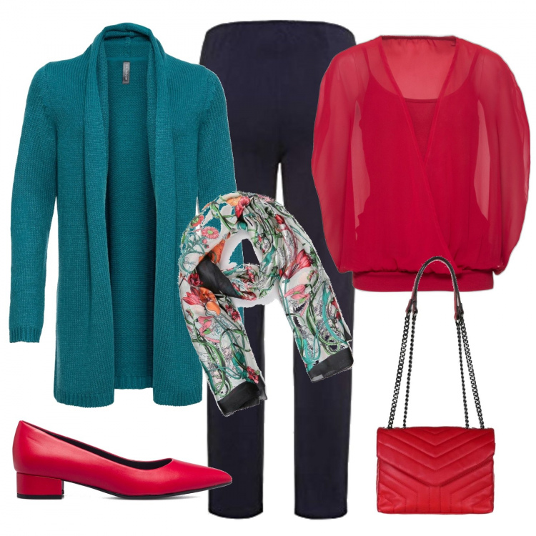 Outfit donna - Sere d\'autunno. Stile Chic per Serata fuori. Abbinamento con cardigans, bluse, pochette, foulard, décolleté, pantaloni.