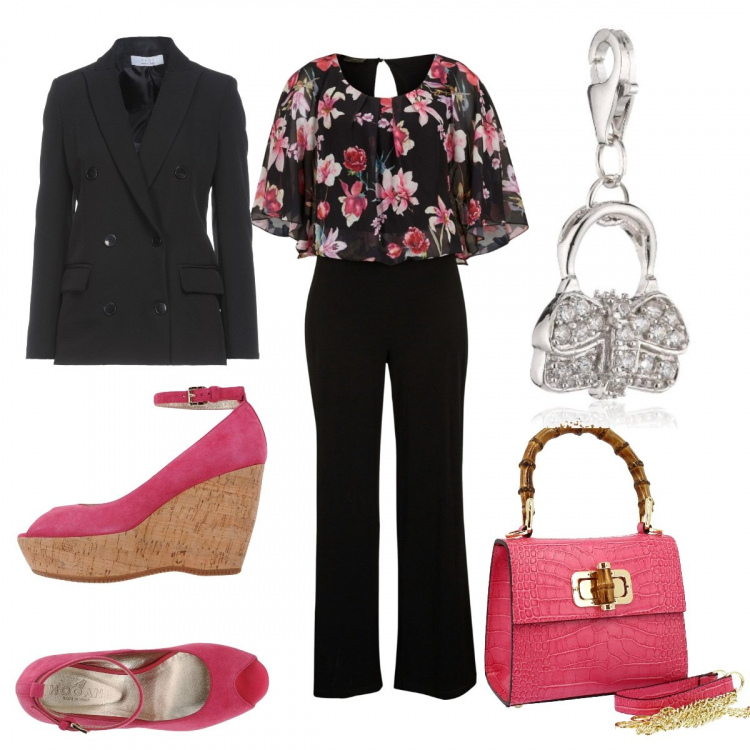 Outfit donna - Jumpsuit a fiori. Stile Trendy per Tutti i giorni. Abbinamento con tute, décolleté, blazer, borse a mano, ciondoli.