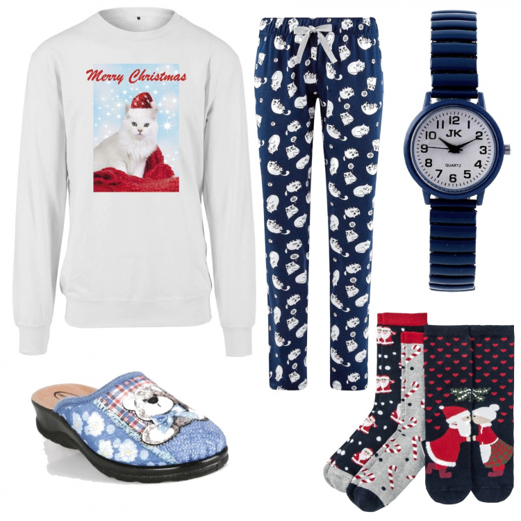 Outfit donna - Aspettando Babbo Natale a casa. Stile Basic per Tutti i giorni. Abbinamento con calzini, pantofole, orologi analogici, pantaloni, felpe.