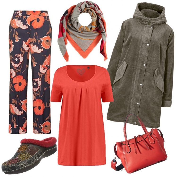 Outfit donna - Curvy a spasso tutto Il giorno. Stile Casual per Tutti i giorni. Abbinamento con parka, zoccoli, shopping bag, pantaloni a palazzo, t-shirt, sciarpe.
