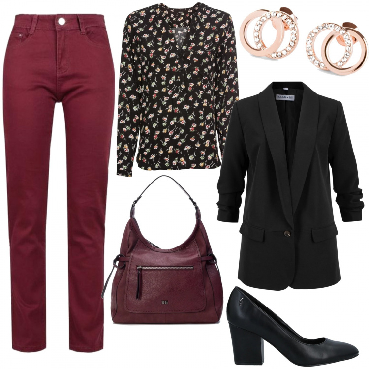Outfit donna - Tutti i giorni - Curvy & Plus Size. Stile Casual chic per Tutti i giorni. Abbinamento con bluse, blazer, orecchini, décolleté, pantaloni, borse a spalla.