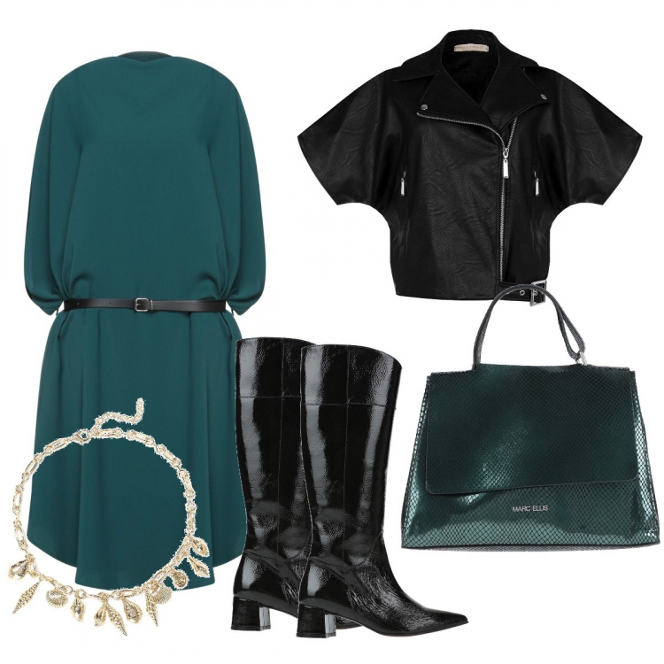 Outfit donna - Chi di verde si veste…. Stile Casual chic per Serata fuori. Abbinamento con borse a mano, vestiti midi/longuette, stivali, collane, giacche.