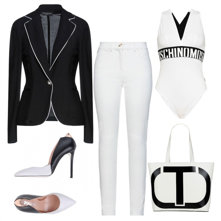 Outfit donna - Spiccioli di vacanza. Stile Bon Ton per Serata fuori. Abbinamento con décolleté, blazer, body, pantaloni skinny, borse a mano.