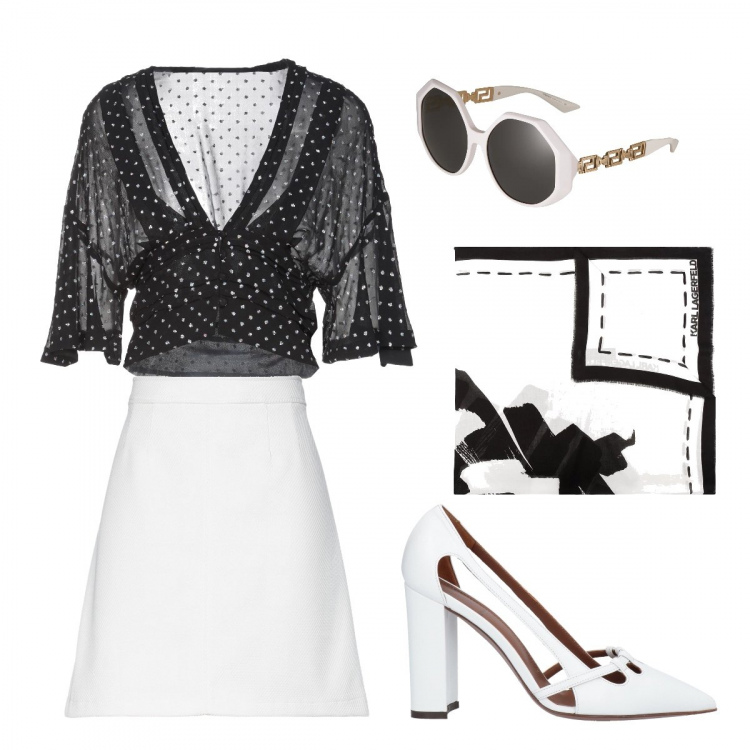 Outfit donna - Pois. Stile Bon Ton per Serata fuori. Abbinamento con décolleté, minigonne, camicie a manica corta, sciarpe, occhiali da sole.