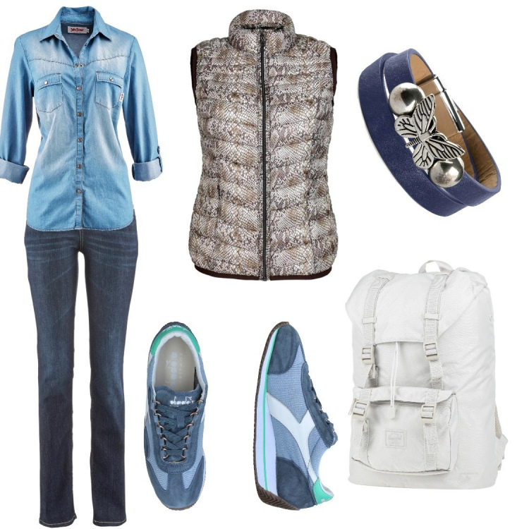 Outfit donna - Al lago di 0ttobre. Stile Casual Abbinamento con jeans dritti, camicie, braccialetti, sneakers, zaini, blazer.