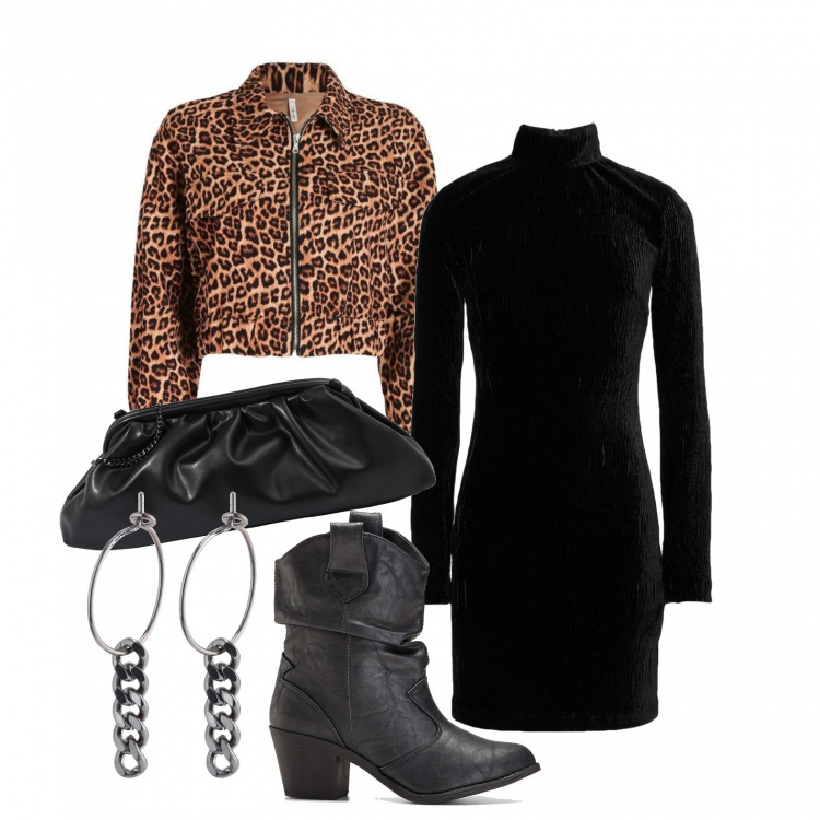 Outfit donna - Pronta per uscire, buon sabato. Stile Glamour per Tutti i giorni. Abbinamento con stivaletti texani, vestiti corti, blazer, orecchini, pochette.