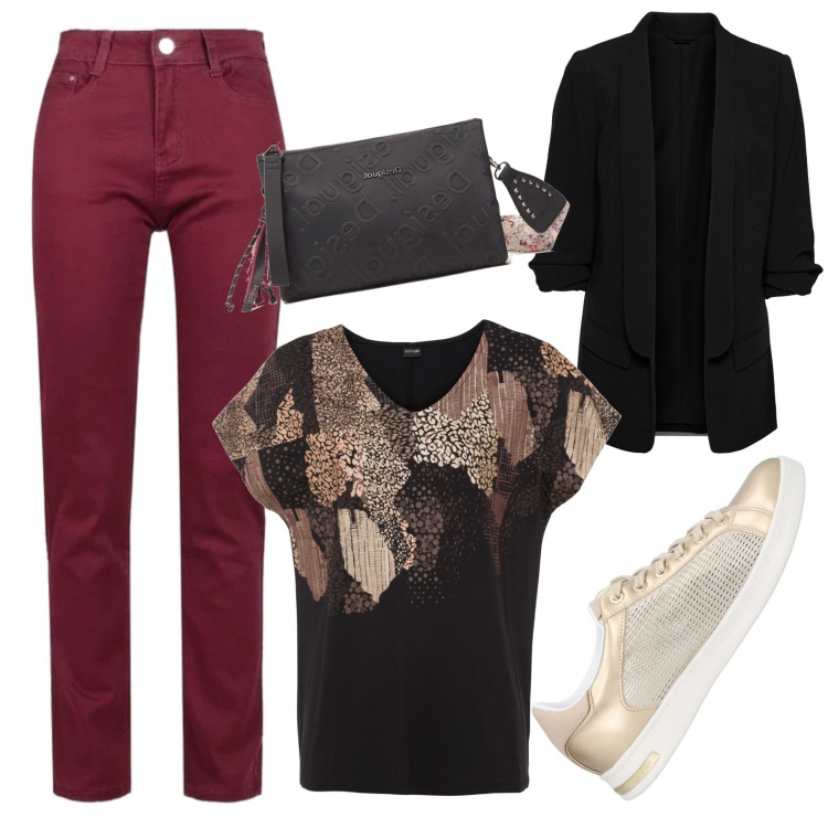 Outfit donna - Trendy in sneakers. Stile Trendy per Tutti i giorni. Abbinamento con sneakers, maglieria, blazer, pantaloni, borse a tracolla.