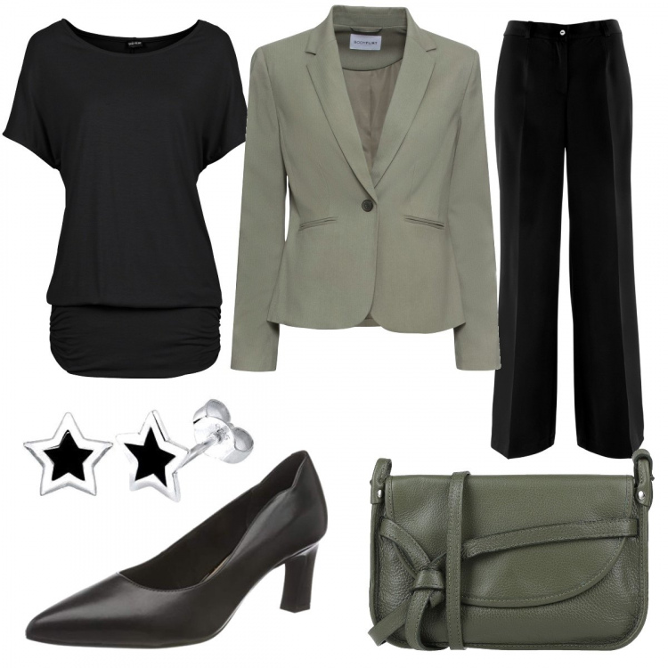 Outfit donna - Total look #1160990. Stile Bon Ton per Ufficio. Abbinamento con pantaloni, maglieria, blazer, borse a tracolla, scarpe col tacco, orecchini.